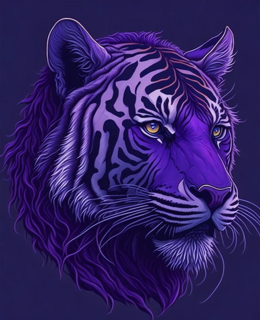 A purple tiger with yellow eyes is shown on a blue background.