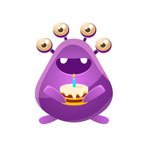 Vector purple toy monster with birthday cake