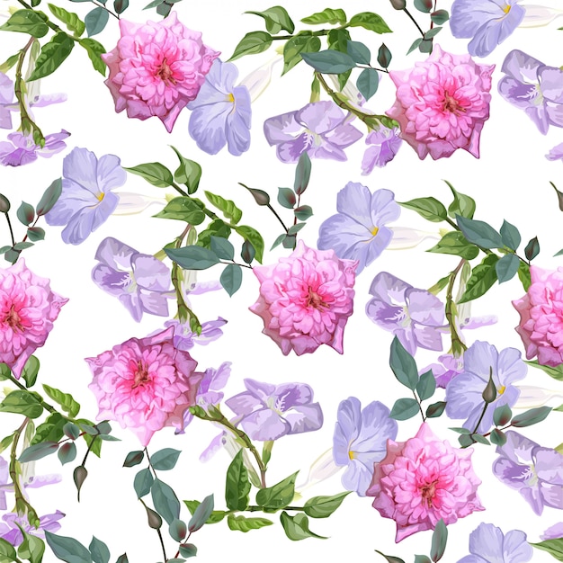 Purple trumpet vine and rose flower seamless pattern vector
illustration