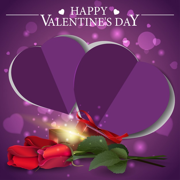 Cartolina d'auguri viola di san valentino con regalo e fiori