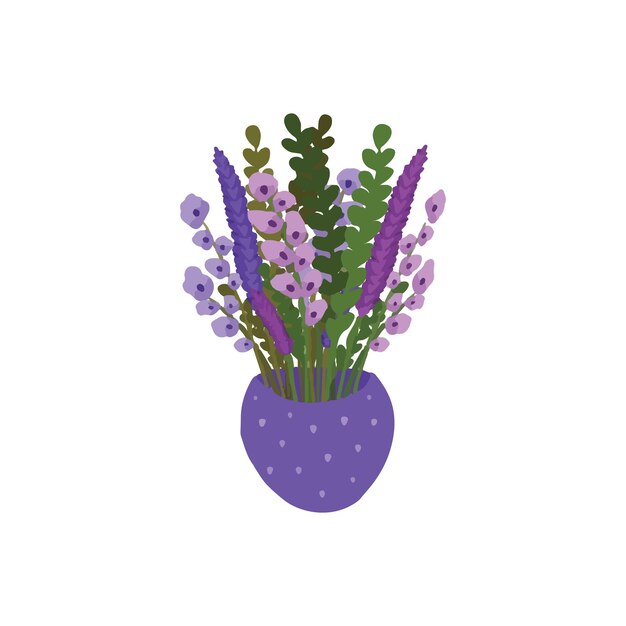 A purple vase with a purple flower in it.