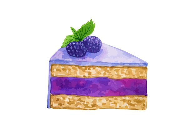 Vector purple vector cake with blackberry and icing hand drawn watercolor food pastry illustration for menu cafe isolated on white background