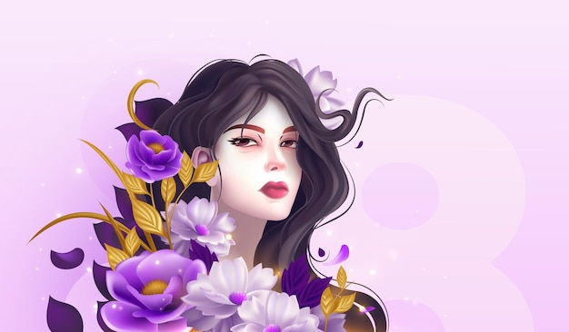 Purple vector illustration of flowers and girls