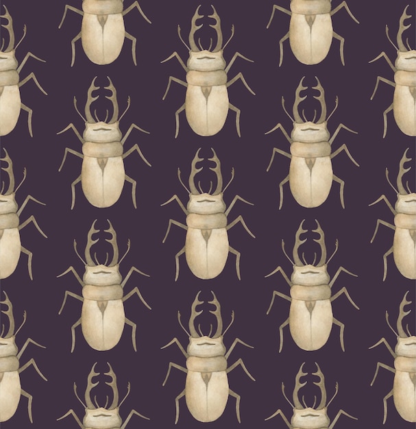 PURPLE VECTOR SEAMLESS PATTERN WITH WATERCOLOR RHINOCEROS BEETLES