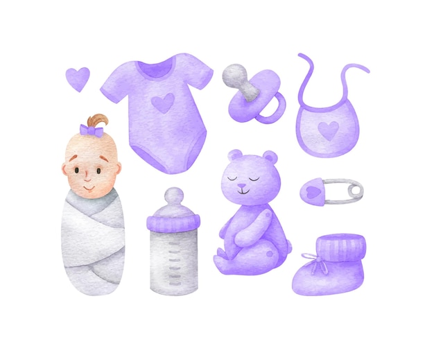 赤ちゃんの女の子の誕生クリップアートの紫色の非常にペリセットベビーシャワーのかわいい水彩イラスト