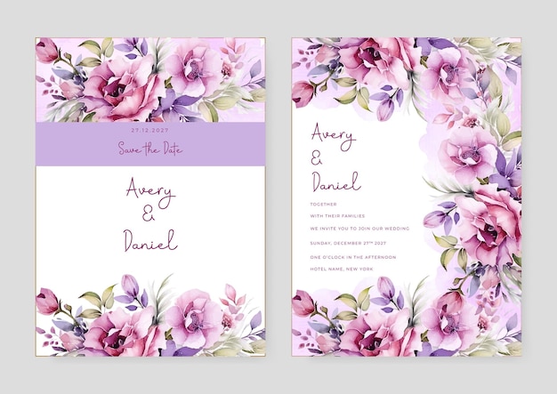 Purple violet hibiscus artistic wedding invitation card template set with flower decorations