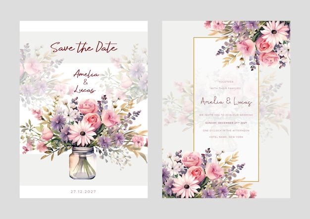 Purple violet and pink rose and cosmos set of wedding invitation template with shapes and flower floral border