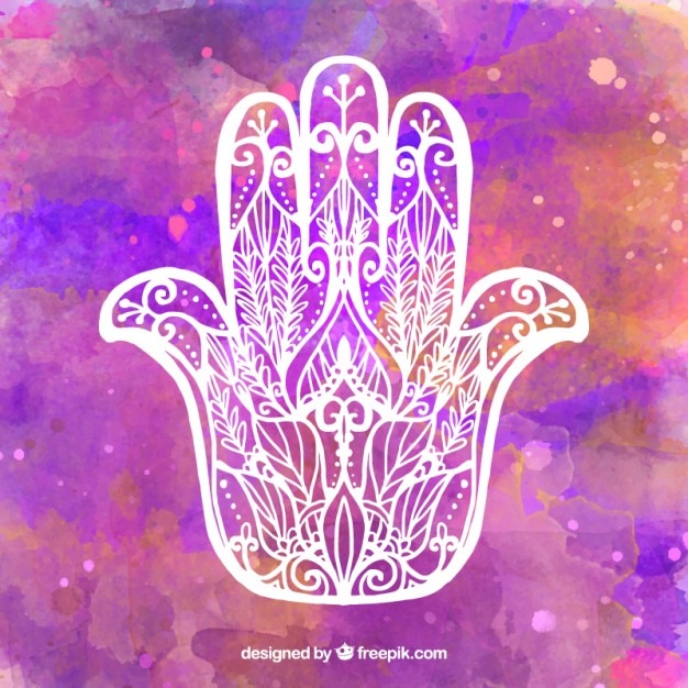 Vector purple watercolor background with hand drawn amulet