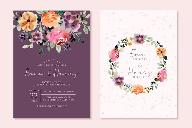 Purple watercolor floral wedding invitation