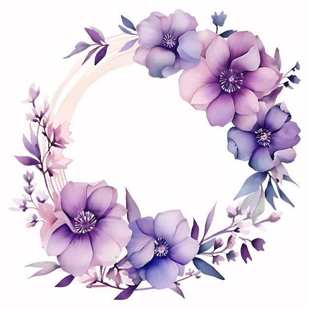 Purple watercolor floral wreath frame design for weddings birthdays invitations cards and others