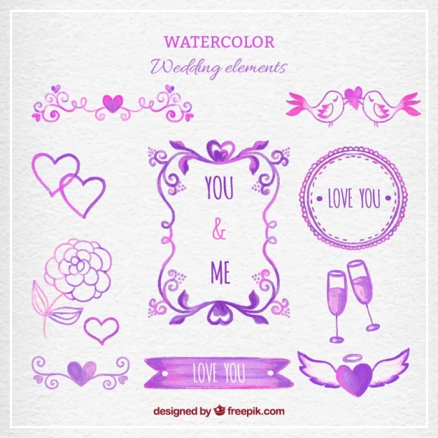 Purple watercolor wedding elements