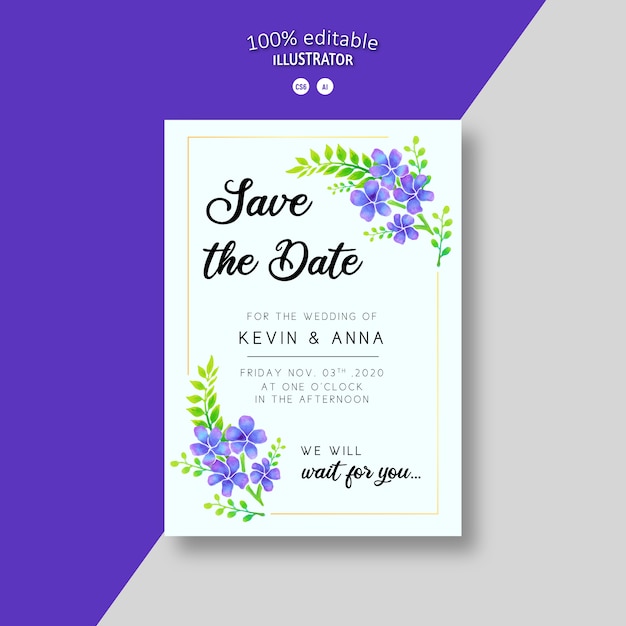 Purple wedding invitation with watercolor flowers.