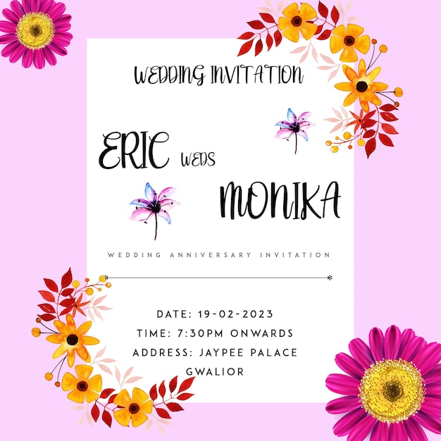 Purple white colourful wedding invitation yellow flowers frame background multipurpose card