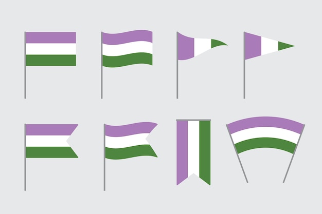 보라색, 흰색 및 녹색 젠더퀴어 플래그 LGBTQI 개념 플랫 벡터 일러스트