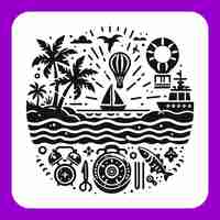 Vector a purple and white logo with a boat and palm trees
