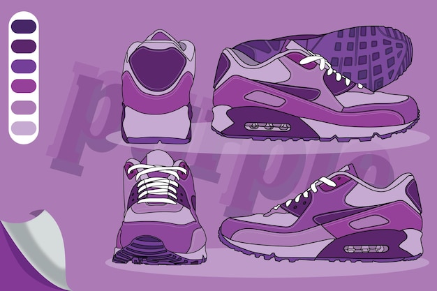 A purple and white sneaker that has the word