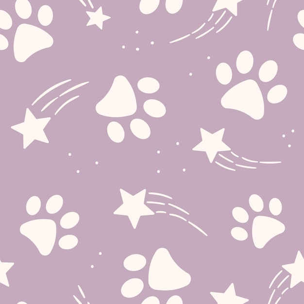 Vector purple and white vector pattern for pets with shooting stars and paw prints