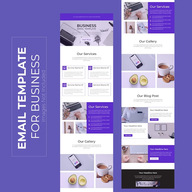 Vector a purple and white web page that says email template for business.