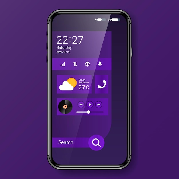 Menu widget viola interfaccia utente design smartphone realistico