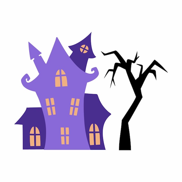 Purple witch magic castle and crooked tree Vector doodle illustration Halloween sticker