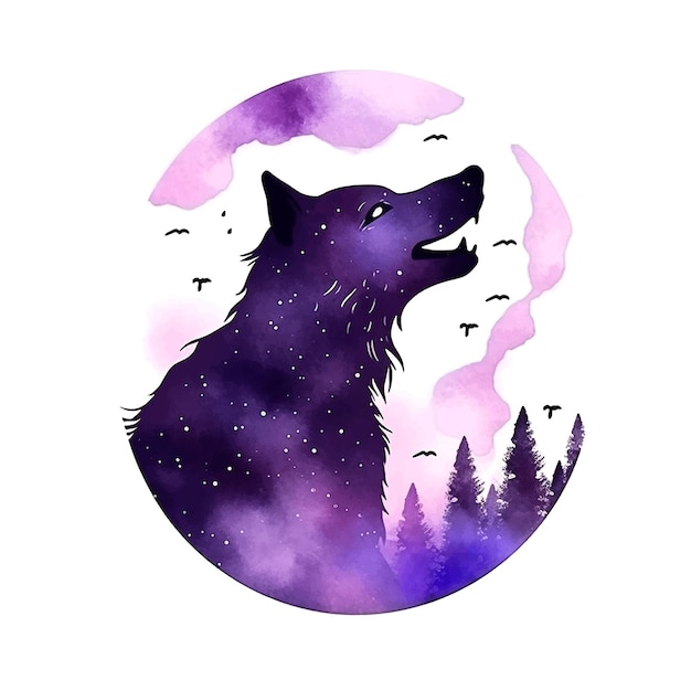 Vector purple wolf howling to moon watercolor paint