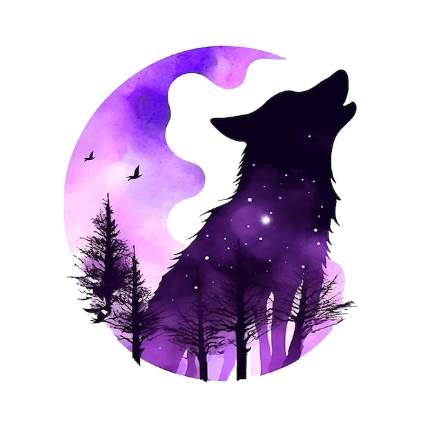 Purple Wolf Howling to moon watercolor paint