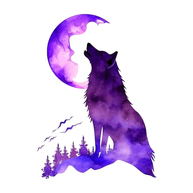 Purple Wolf Howling to moon aquarel verf