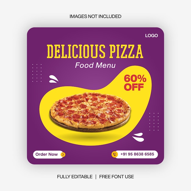 Colore viola e giallo pizza food social media banner post template design