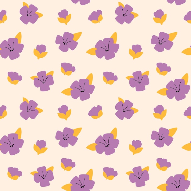 Purple and yellow flowers on a light pink background Floral vector pattern in purple and yellow