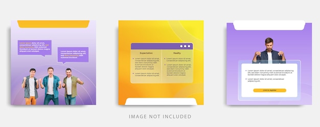 Purple yellow glassmorphism informative social media template layout design glass frame text box