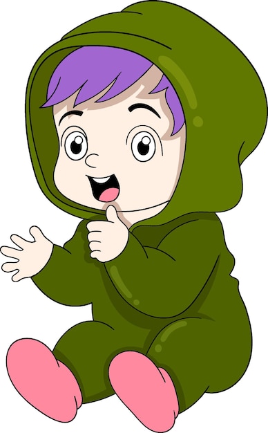 a purplehaired baby boy wearing an armycolored hoodie was sitting and clapping his hands