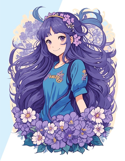 PurpleHaired Girl Blooming Flower Illustration for Versatile Use in Logos Stickers TShirts