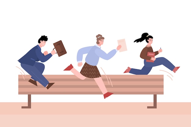 Purposeful business people jumping over barrier vector illustration isolated