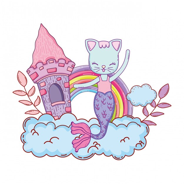 Vector purrmaid with castle and rainbow in cloud