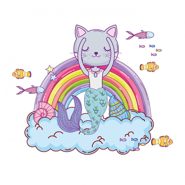 Vector purrmaid with clouds and rainbow undersea