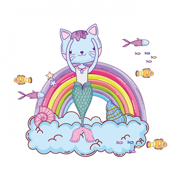 Purrmaid con nuvole e arcobaleno sottomarino