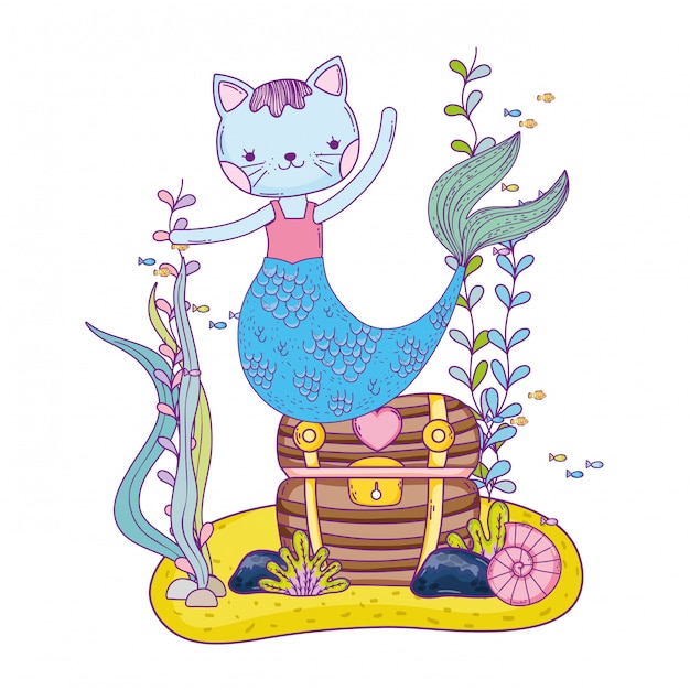 Vector purrmaid with treasure chest undersea scene