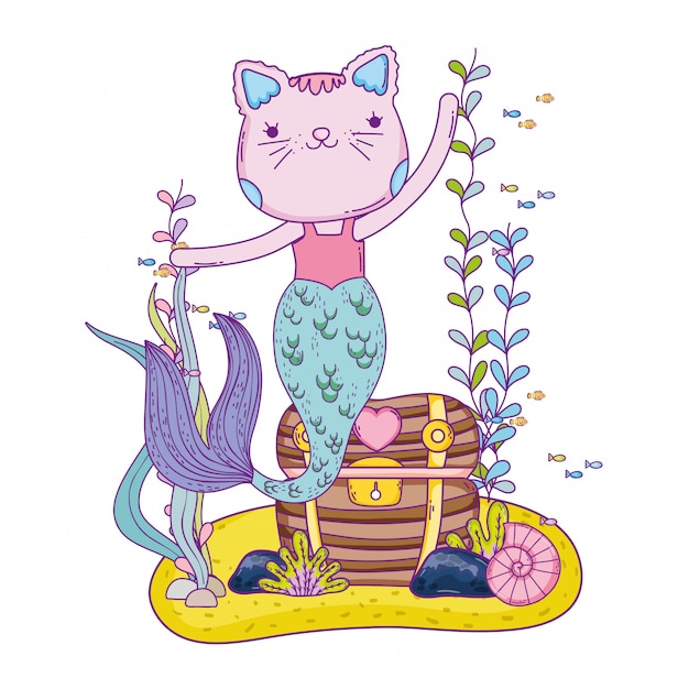 Vector purrmaid with treasure chest undersea scene