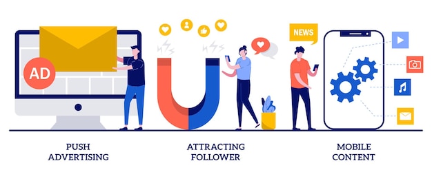 Push advertising, attracting follower, mobile content concept with tiny people