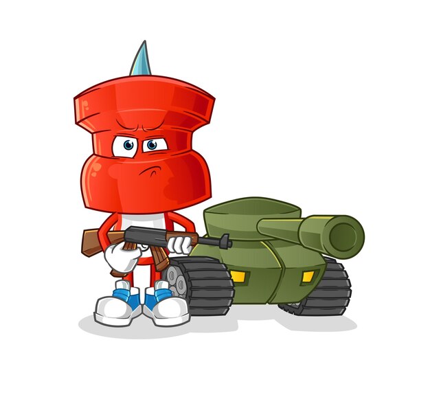 Vector push pin head cartoon soldier with tank character cartoon vector