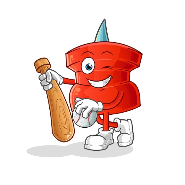 Push pin playing baseball mascot. cartoon