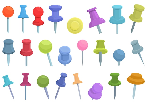 Push pin thumbtack icons set cartoon vector paper office