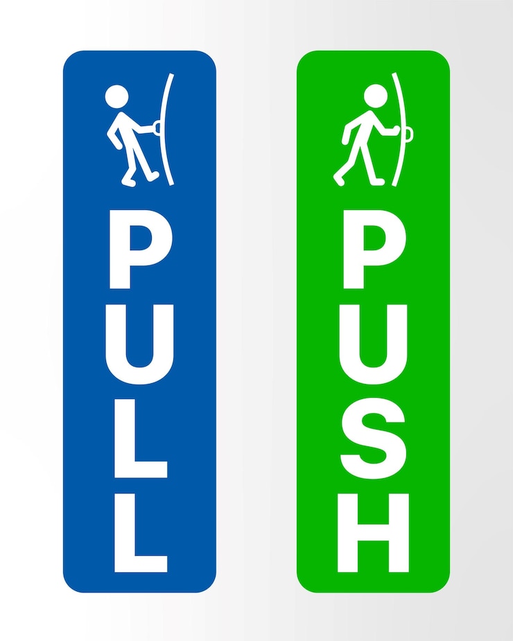 Vector push and pull door hanger tag