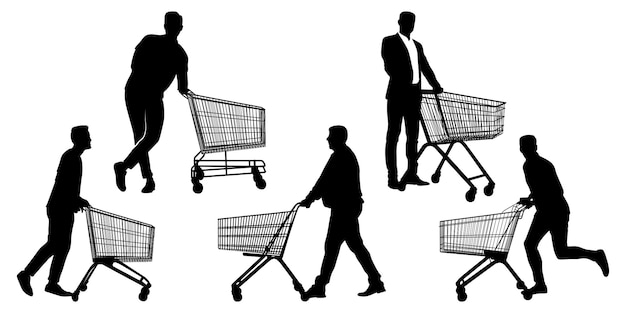 Vector pushing shopping cart silhouettes vector