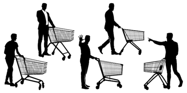 Vector pushing shopping cart silhouettes vector