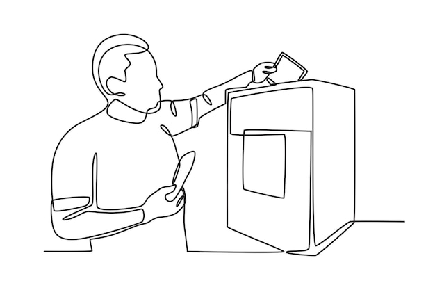 Vector put the ballot paper in the box after voting indonesia election oneline drawing