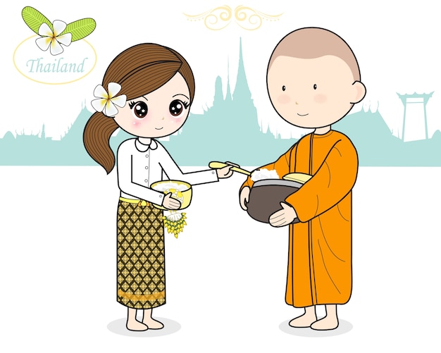 Vettore metti offerta di cibo nella ciotola delle elemosine di un monaco buddista