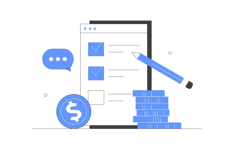 Vector putting check mark on checklist financial audit concept online survey filling online to do list
