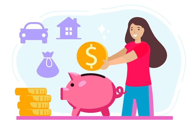 Putting money piggy bank vectors happy woman putting coin into piggy bank vector design illustration