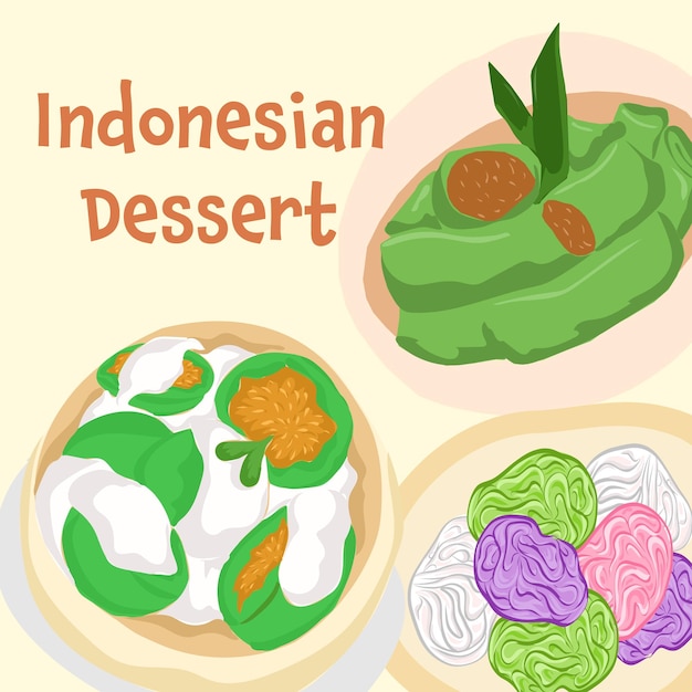 Set di cibo indonesiano tradizionale disegnato a mano da dessert putu mayang illustrato